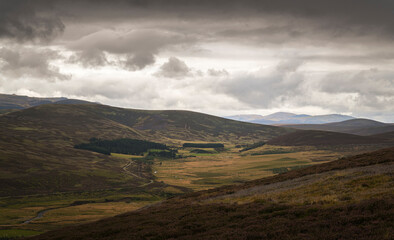 A cloudy, autumnal HDR image of Upper Strathdon looking east from the Corgarff Viewpoint ,...
