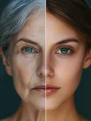 Portrait shows two contrasting halves of a woman's face, One depicting an older appearance, the other showing a young and beautiful appearance.