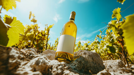 White wine mock-up. A bottle of white wine on a rock in a vineyard with an empty label