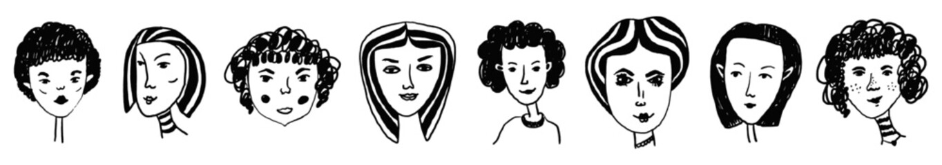 Cute different girl portrait set vector monochrome black and white illustration, lady sketch isolated on transparent background. Outline drawing for logo, poster, print. Doodle hand drawn sketch