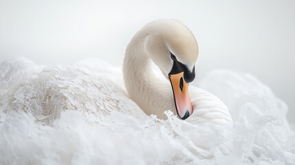 Obraz premium Elegant swan gracefully preening its feathers amidst soft white textures in serene surroundings
