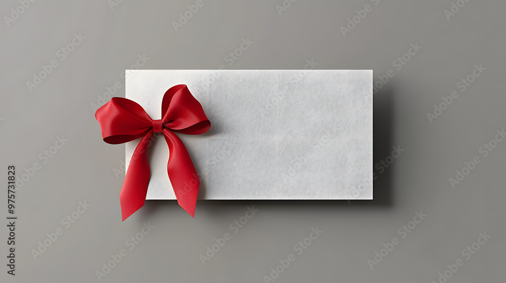Poster blank white gift voucher with red ribbon bow or empty gift signboard isolated on grey background wit