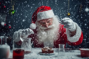 Santa claus in a laboratory crafting christmas wonders against a snowy holiday backdrop