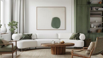 Modern living room interior with cozy sofa, home interior with cabinet drawers and coffee table