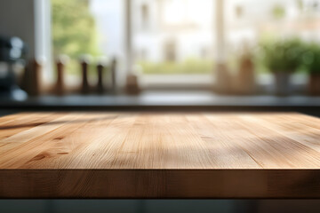 Wooden table on blurred kitchen bench background. Empty wooden table and blurred kitchen background