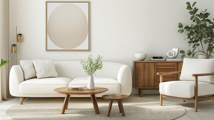 Modern living room interior with cozy sofa, home interior with cabinet drawers and coffee table
