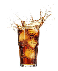 glass of cola and ice splashing isolated on white or transparent png
