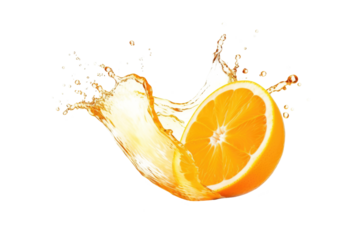 orange fruit splashing in orange juice isolated on white or transparent png