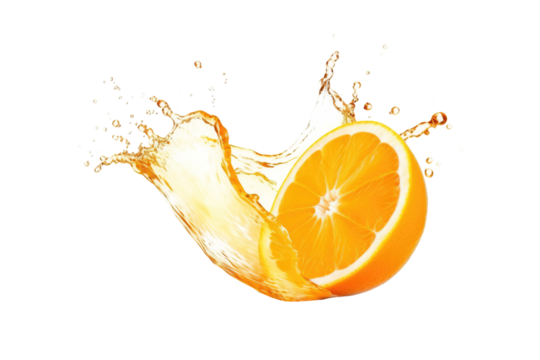 orange fruit splashing in orange juice isolated on white or transparent png