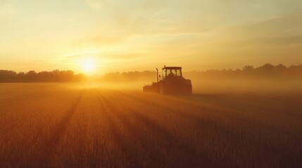 Fototapeta premium Silhouette of a Tractor in a Misty Field at Sunrise