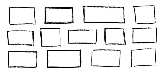 Set of wax pencil hand drawn frames. Collection of writing by children pastel rectangular and square geometric shapes. Black doodle style outline text boxes with grunge texture. Vector illustration