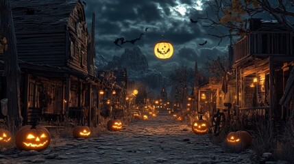 Spooky Halloween Town with Jack-o-Lanterns