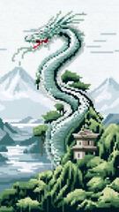 Fototapeta premium Pixelated dragon over mountain temple