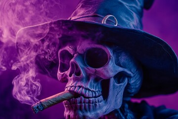 Skull wearing witch hat and smoking cigar on purple background for halloween or dark fantasy art