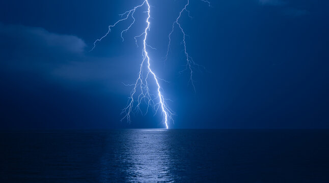 Stormy night with vivid lightning over Black Sea, Adjara