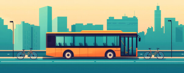 Electric buses and bike lanes in urban design, ecofriendly transport, flat design illustration