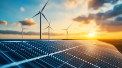 Sunset over solar panels and wind turbines, representing renewable energy and sustainable power sources. Clean, eco-friendly power generation.