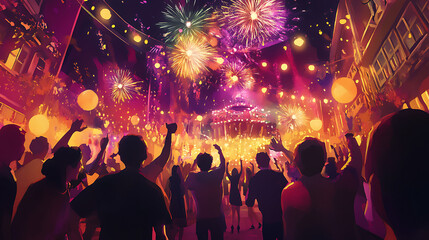 A whimsical illustration of a New Year's Eve street party, with people dancing, music playing, and fireworks lighting up the night sky. 