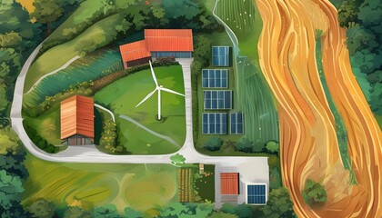 Vibrant Cartoon Landscape Showcasing Renewable Energy Solutions in Rural Settings with a Sustainable Living Concept