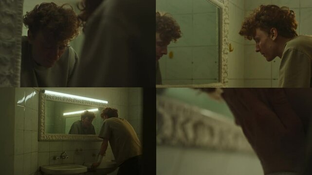 Split screen of stressed young man with bandage on his wrist washing face in public bathroom with tiled walls, he leaning on sink standing in front of mirror with white frame and looking at himself