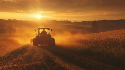 Fototapeta premium Tractor Silhouette at Sunset in a Golden Field