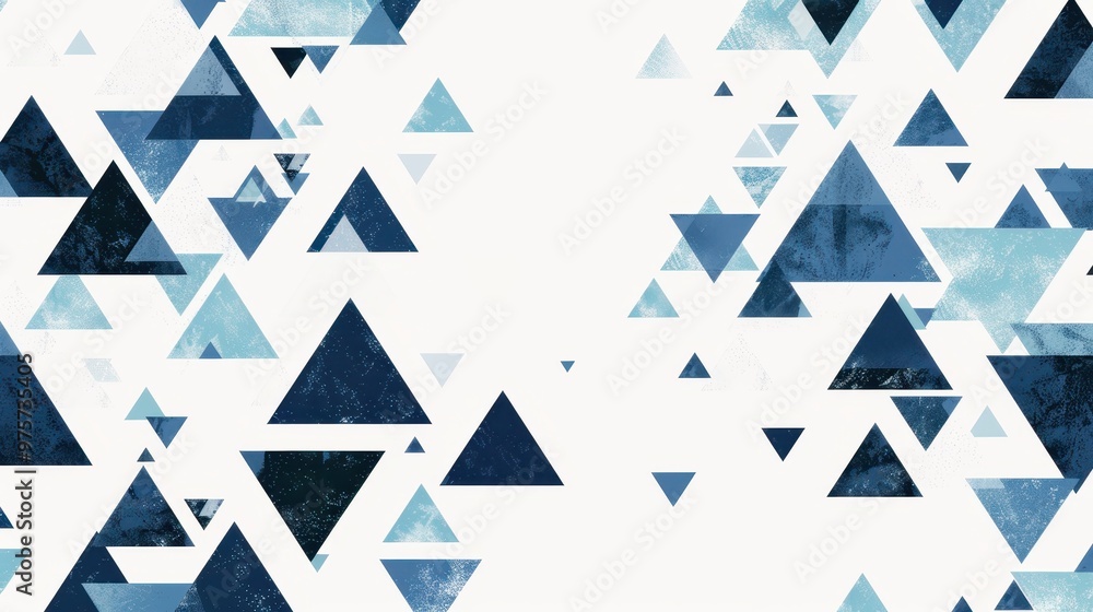 Poster a chaotic pattern of overlapping triangles in various shades of blue on a white background