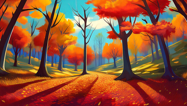  Panorama of an autumn forest, with a beautiful view of the trees in vibrant colors. _1(770)