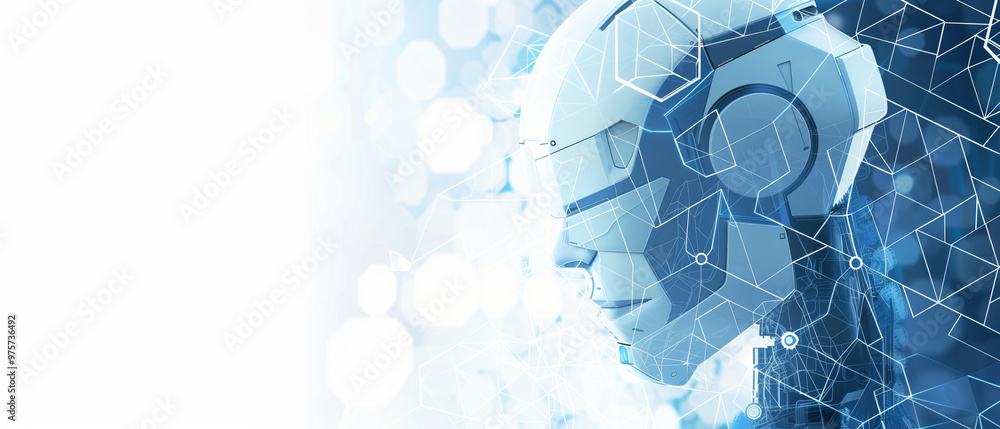Wall mural side profile of a futuristic humanoid robot with abstract geometric digital lines in a high-tech blu