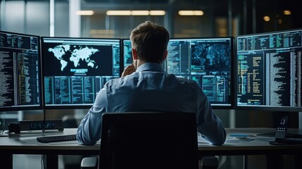 Fototapeta premium A virtual command center with a businessman analyzing digital safety compliance data, holographic interface with vibrant icons, sharp clarity
