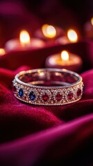 Elegant sapphire-studded bracelet on a rich crimson velvet cloth, with a crimson-to-silver gradient background and gentle candlelight effects, Copy space, happy Diwali background, traditional, Indian