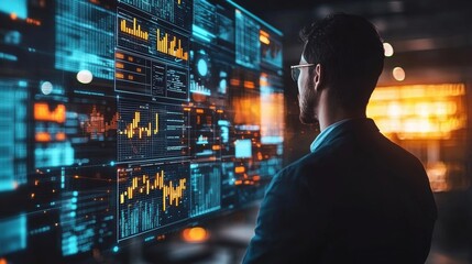 A businessman in an office surrounded by floating digital icons of safety protocols, layers of glowing virtual screens, and light beams