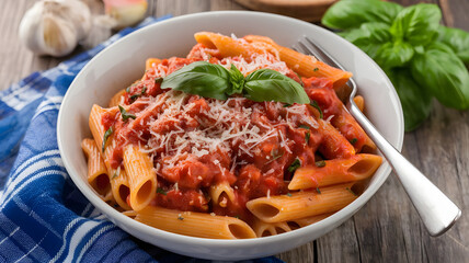  A bowl of penne arrabbiata with a spicy tomato sauce, garlic, and red pepper flakes, garnished with fresh basil and grated Parmesan.  