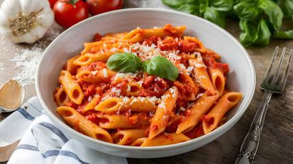  A bowl of penne arrabbiata with a spicy tomato sauce, garlic, and red pepper flakes, garnished with fresh basil and grated Parmesan.  