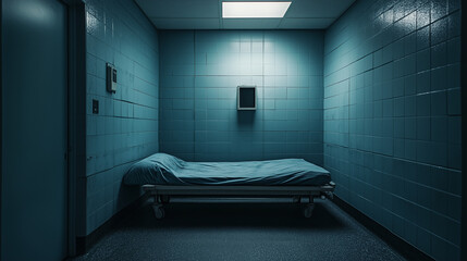 Solitary confinement room in a psychiatric facility, stark and empty with a single bed