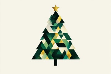 Fototapeta premium Abstract Christmas Tree in Geometric Shapes: A minimalist and modern vector featuring a Christmas tree made entirely of triangles and geometric shapes in shades of green and gold, set against a white 