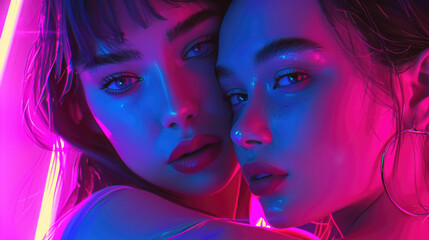Obraz premium Cinematic night portrait of girl and neon lights