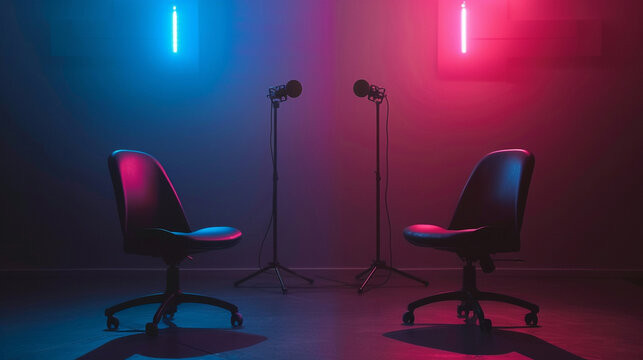 Two chairs and microphones in podcast or interview room on a dark background as a wide banner for media conversations or podcast streamers concepts with copy space area