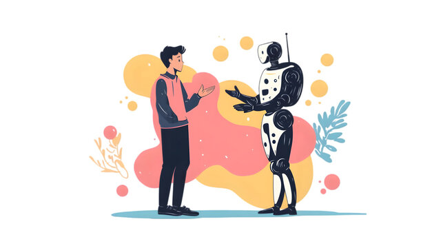 Man with robot, abstract blob background, 2D flat illustration, isolated vector