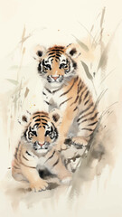 Watercolor tiger cubs painting