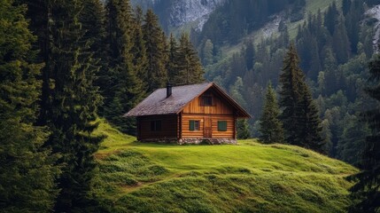 Fototapeta premium Wooden Cabin nestled amidst a lush green forest