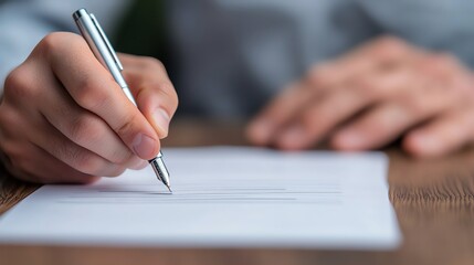 A close-up of a hand holding a pen, poised over a blank sheet of paper, ideal for representing creativity or planning.