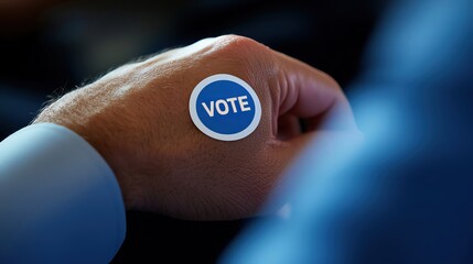 Fototapeta premium A close-up of a hand displaying a 'Vote' sticker, symbolizing civic engagement and the importance of participating in elections.
