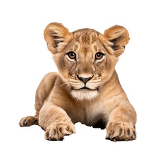 Obraz premium Adorable Baby Lion Cub Lying Down On The Sand With Intense Stare On A Transparent Background