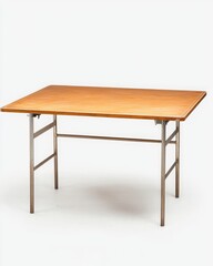 A sturdy wooden table with metallic legs, perfect for dining or working. Versatile design complements any interior style.