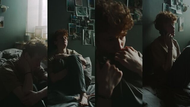 Split screen of frustrated young man suffering from emotional pain in his room in dim light, he putting head on knees, sitting on bed, hugging pillow, talking on phone