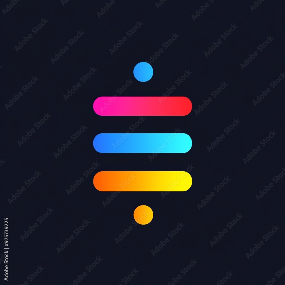 Poster abstract colorful graphic with four horizontal lines and two circles on a dark background.