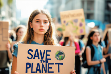 Young girl holding a "Save the Planet" sign at climate protest
