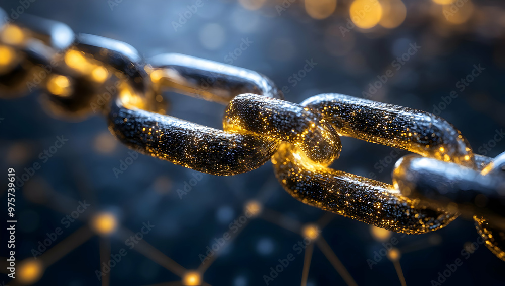 Poster close-up of a shiny metallic chain link illuminated with golden sparks, symbolizing strength and con