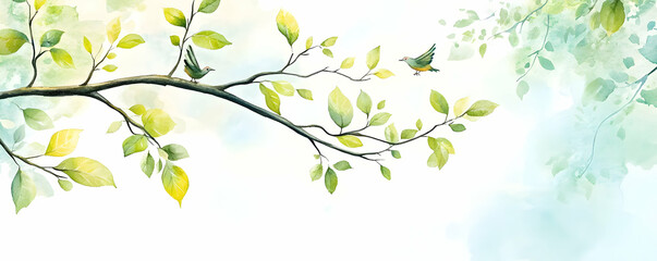 A serene illustration of green leaves on a delicate branch, creating a peaceful atmosphere with soft pastel tones.