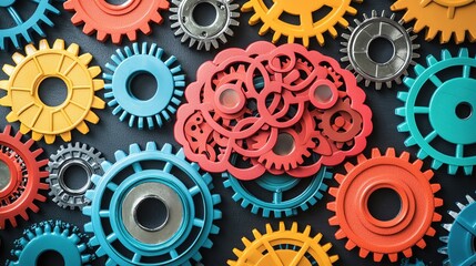 A vibrant collection of colorful gears surrounding a red brain, symbolizing creativity and innovation in technology and engineering.